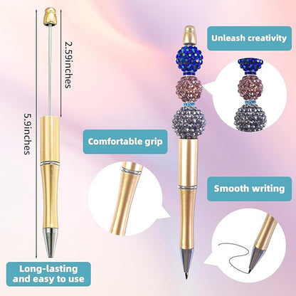 15 Pieces Beadable Pens - Beaded Pens Plastic Diy Black Ink Ballpoint Pens Bulk - Bead Pens Suitable For Teacher, Students, Office, School, Graduation Gift Supplies（Golden）