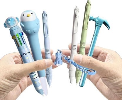 6pcs Kawaii Pens with 1 Cute Keychain Great gift for Boys Stress Relief Pen Cartoon Ballpoint Pen for Office Back to School Supplies Students Gift