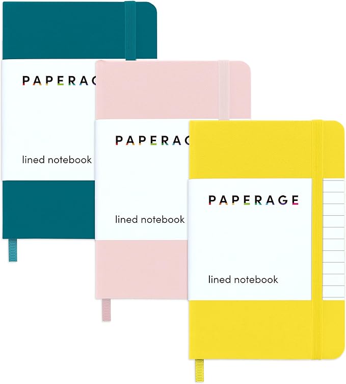 PAPERAGE Lined Pocket Journal Notebook, 3 Pack, (Yellow, Blush, Turquoise), 160 Pages, Small, 3.6 inches x 5.6 inches - 100 GSM Thick Paper, Hardcover