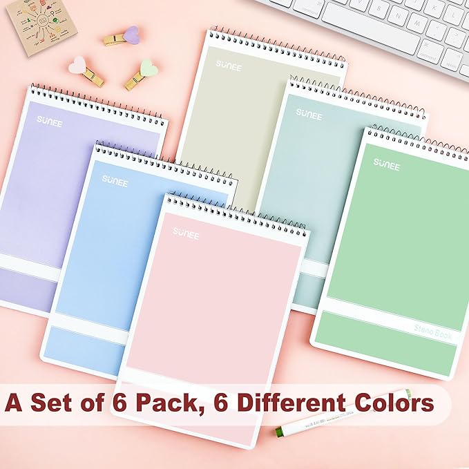SUNEE Steno Pads 6x9 6 Pack, Gregg Rule, 60 Sheets, 6 Assorted Color Spiral Notebook 6x9, White Paper, Take Notes with Top Spiral Notebook, for School, University, College, Work, Office