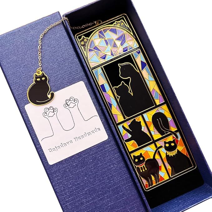Metal Black Cat Bookmarks with Gift Box, Cat Pendent Book Markers for Book Lovers Bestfriend Cute Birthday Gifts Appreciation Gifts Mothers Day Teacher Student Gifts (Window cat)