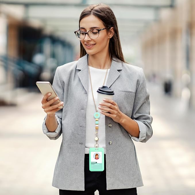 Colorful ID Badge Holder with Silicone Beads Lanyard Set,Cute Teacher Breakaway Lanyard for Keys & Keychain with Cute Retractable Badge Reel Holder,Gift for Women,Nurse, Teacher. (X)