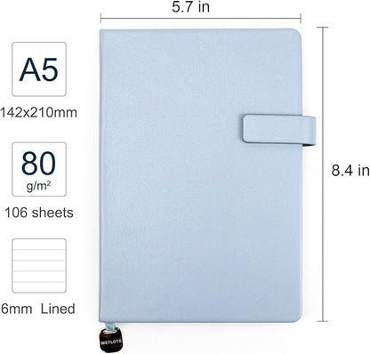 A5 Hard Cover Notebook with Pen Holder, Gold Edges & 180° Lay Flat - Large 5x8.25 Lined, Bookmark, Gift Box - Durable Journal for Office, Study, Travel - Writers, Students (Light Blue)