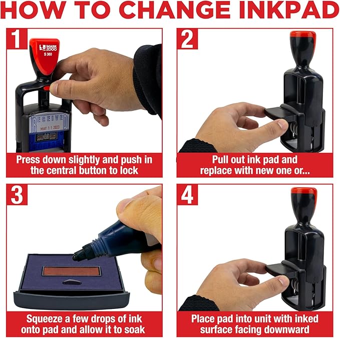 Self-Inking Rubber Date Office Stamp with Paid Phrase - Red Ink - 12-Year Band