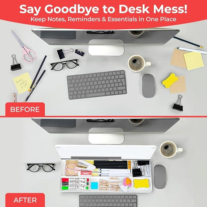 Chalkola Glass Desktop Whiteboard with Storage - Dry Erase Board, Work Desk Organizers, Computer Keyboard Stand, Home Office Desk Accessories, Small White Board, Workspace Desktop Buddy + 3 Markers