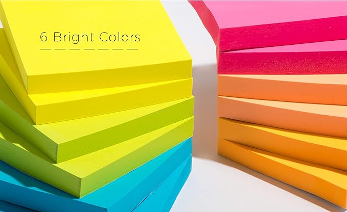 Sticky Notes 3x3 in (12 Pads) Bright Colored Super Self Sticky Pads - 100 Sheets/Pad - Easy to Post for School, Office Supplies, Desk Accessories