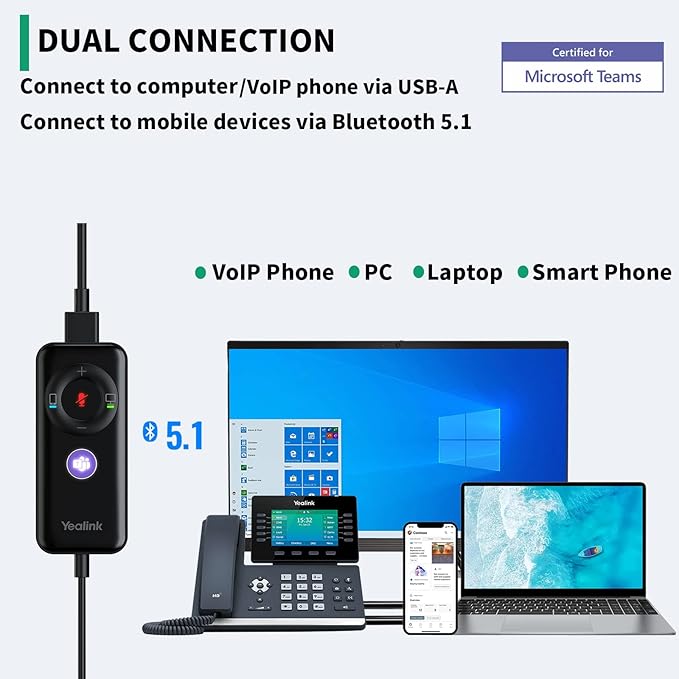 Yealink USB Headset UH38, Wired Softphone Headset Teams Certified with Microphone,in Line Controls Built in Bluetooth, Connect to PC/Laptop/Mac/Tablet/Cell Phone (USB-A)