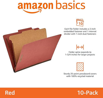 Amazon Basics Classification Folder- 100% Recycled, 1 Divider, 2" Embedded, 10 Count per Box, 12.09 x 10.63 inch (Letter), Red