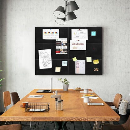 YOUEON Black Felt Bulletin Board for Wall 48" x 36", 12 Pack Black Cork Board Alternative with Pushpins & Self Adhesive Stickers, Soundproof Wall Tiles, Pin Boards for Home Office School