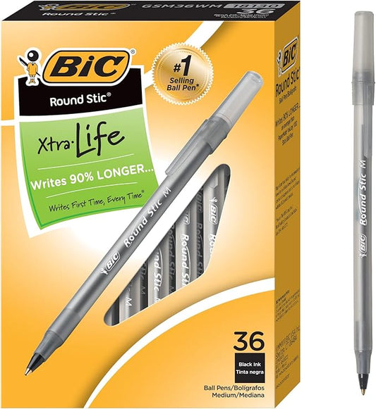 BIC Round Stic Xtra Life Ball Point Pen; Black; 36 Pack