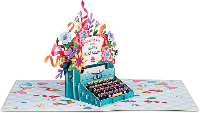 Paper Love Birthday Pop Up Card, Happy Birthday Typewriter, For Adults or Kids - 5"x7" Cover - Includes Envelope and Note Tag