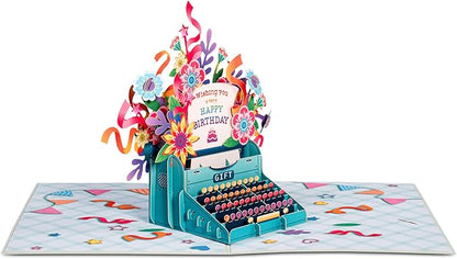 Paper Love Birthday Pop Up Card, Happy Birthday Typewriter, For Adults or Kids - 5"x7" Cover - Includes Envelope and Note Tag