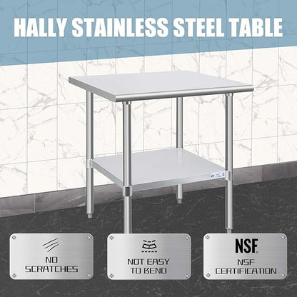 Hally Stainless Steel Table for Prep & Work 30 x 30 Inches, NSF Commercial Heavy Duty Table with Undershelf and Galvanized Legs for Restaurant, Home and Hotel