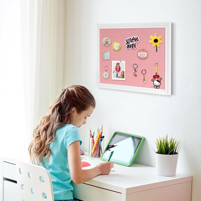 Large Pink Cork Board with Linen, 24" x 18" Hanging Wood Framed Bulletin Board, Picture Display Vision Board Corkboards for Wall Room School Office Decor, 10 Pushpins, 1 Pack