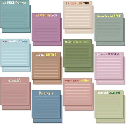 Yinder 24 Pcs Inspirational Sticky Notes with Lines Cute Motivational Sticky Notes Pad Employee Appreciation Gifts Bulk for Teacher Nurse Coworkers Office Supplies 3 x 3''(Morandi Color,Appreciation)