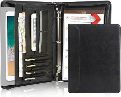AZXCG Padfolio for Men, 3 Ring Binder Portfolio Folder Vegans Leather, Personalized Padfolio with A4 Notepad Holder, Business Legal Pad Document Organizer, Handmade Zipper Binder Padfolio, Black