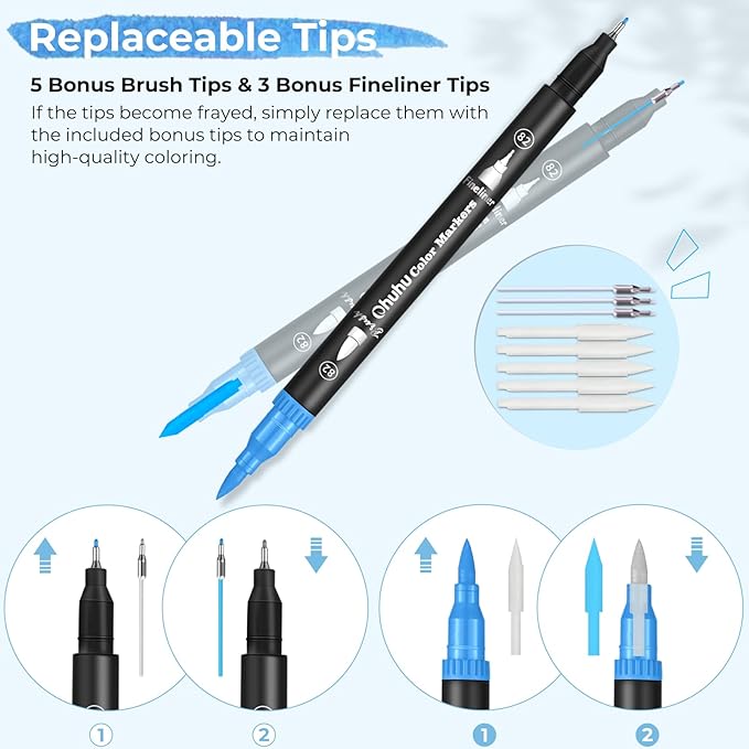 Ohuhu Markers for Adult Coloring Books No bleeding 120 Colors Coloring Markers Water-based Dual Tips Fineliner & Brush Drawing Pens Art Markers for Kids Adults Sketch Journal - Maui - Black