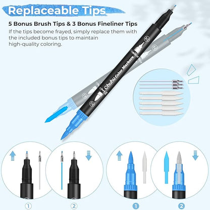 Ohuhu Markers for Adult Coloring Books No bleeding 120 Colors Coloring Markers Water-based Dual Tips Fineliner & Brush Drawing Pens Art Markers for Kids Adults Sketch Journal - Maui - Black
