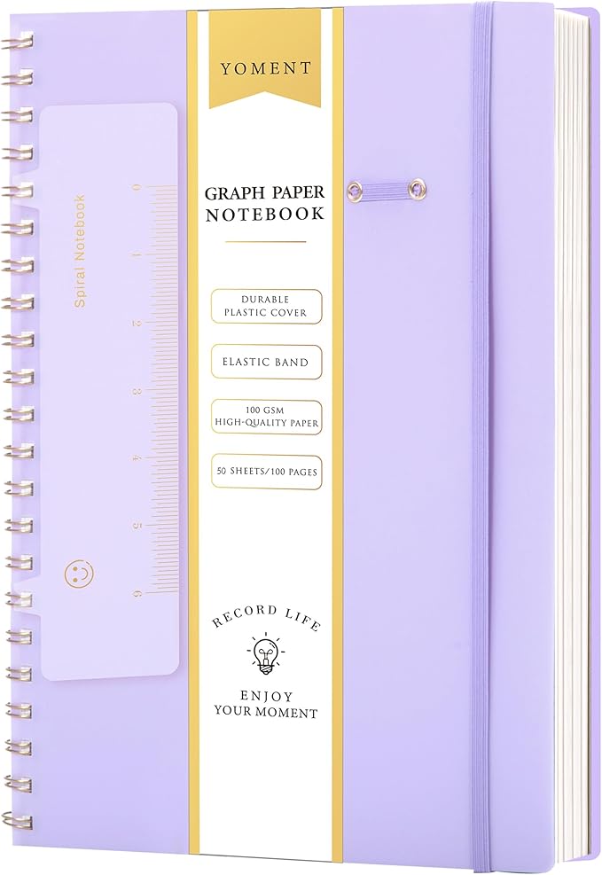 Yoment Graph Paper Notebook Spiral Notebook 8.5 x 11 A4 Large Grid Paper Notebooks, 100 GSM Thick Graph Paper, Plastic Cover Graphing Notebook for Work School Engineering, A4 Purple