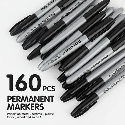 Dabo&Shobo Permanent Markers, 160 Pack Black Permanent Markers Bulk, Fine Tip, Quick Drying, Waterproof Markers, Work On Wood, Metal, Plastic, Stone, Glass For Office School Home