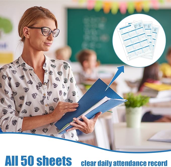 ReliThick 50 PCS 2025 Attendance Calendar Card Stock Paper 2025 Attendance Sheets for 3 Hole Binder Employee Record Folders for Manager, HR, Store Location Managers(Blue)