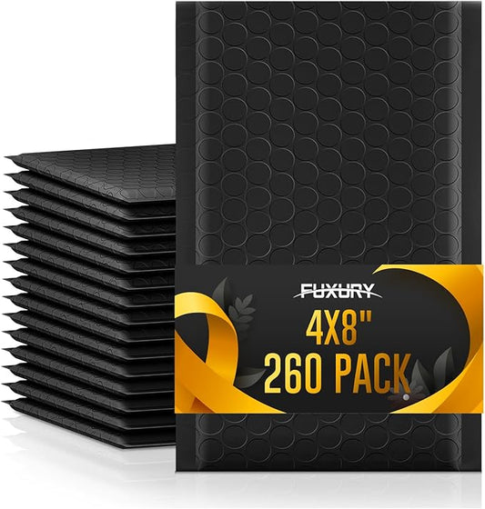 Fuxury 4x8 Bubble Mailer 260 Pack Black Padded Envelopes for Mailing, Small Bubble Mailers Usable Size 4x7" Bubble Envelopes Self-SealPadded Mailers for Small Business Shipping Bulk#000