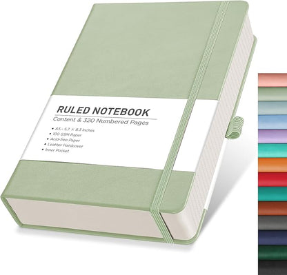 RETTACY Journaling Notebooks, A5 Lined Notebook Journal with 320 Numbered Pages, 5.7'' × 8.3'', Medium Size, Journal Notebook for Writing, Work, Leather Hardcover, 100 GSM Thick Paper (Light Green)