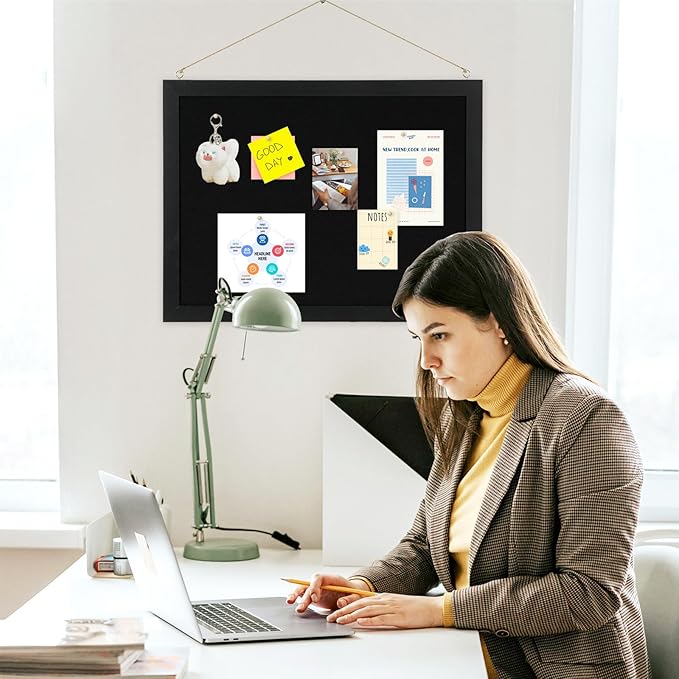 2-Pack Double-sided Black Cork Board with Linen, 16" x 12" Hanging Wood Framed Small Bulletin Board, Picture Display Vision Board Kit Corkboards for Wall Room School Office Decor, 20 Pushpins