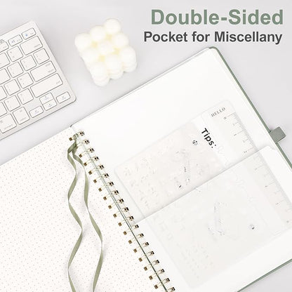 AHGXG Bullet Dotted Journal Spiral Notebook 8.5" x 11", Large A4 Leather Hardcover Dotted Notebook, 100 GSM Thick Dot Grid Paper, Inner Pocket, for Bullet Journaling, Sage Green