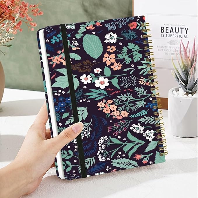 Spiral Notebook - A5 Spiral Notebooks, 8.3'' × 5.8'', 160 Pages, Aesthetic Journaling Notebooks for Women, College Lined Notebook with Elastic Closure, Back Pocket, for School Office, Leaves Black