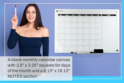 Real Glass Dry Erase Monthly Calendar, Extra Large 24" x 36", Tempered Glass Surface, Frameless Wall Mount, with 4 Assorted Color Markers and Eraser, by Better Office Products (Bright White)