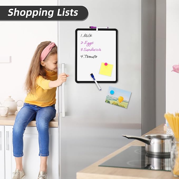 VUSIGN Small White Board Dry Erase, 11''x14'' Magnetic Dry Erase Board, Mini Whiteboard with Markers for Kids, Students, Fridge, Wall, Locker, Black