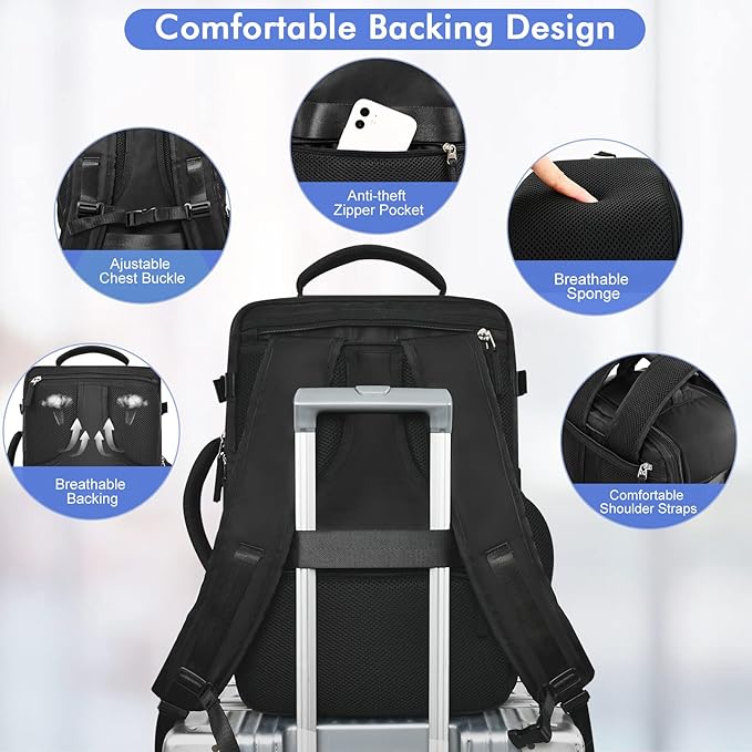 Travel Backpackfor Men Women Flight Approved, Carry-on Backpack Personal Item Backpack Bag Luggage on Airplanes, Black Backpacks for Traveling, Travel Essentials Must Haves