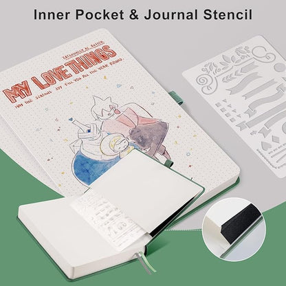 EMSHOI Bullet Dotted Journal Notebook - 320 Pages, 100gsm Thick Paper, A5 Hardcover Leather, Dot Grid Notebook for Women Men Work Writing, Bullet Journaling, Drawing, 5.75 x 8.38, Green