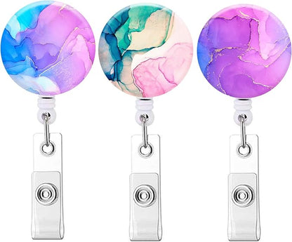 Retractable ID Badge Holder Nurse Badge Reels with Clip Name Card Holders for Office Worker Doctor Nurse (3Pack Pretty Colorful Marble)