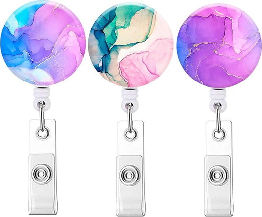 Retractable ID Badge Holder Nurse Badge Reels with Clip Name Card Holders for Office Worker Doctor Nurse (3Pack Pretty Colorful Marble)