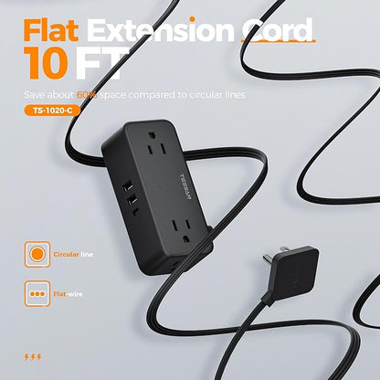Extension Cord 10 FT with Multiple Outlets, TESSAN Flat Plug Power Strip Surge Protector with 4 Wide Spaced AC Outlets 3 USB Ports(1 USB C), Surge Protection for Home Office Dorm Room, Black