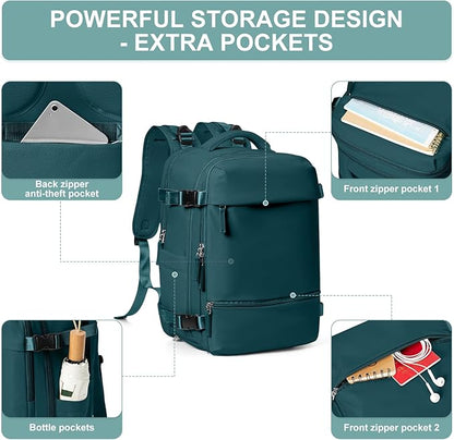 Travel Backpack Simple Durable Carry On Backpack with Shoe Compartment, Personal Item Travel Bag Flight Approved, Water Resistant Laptop Backpack for Women Men Weekender Business, Peacock Blue