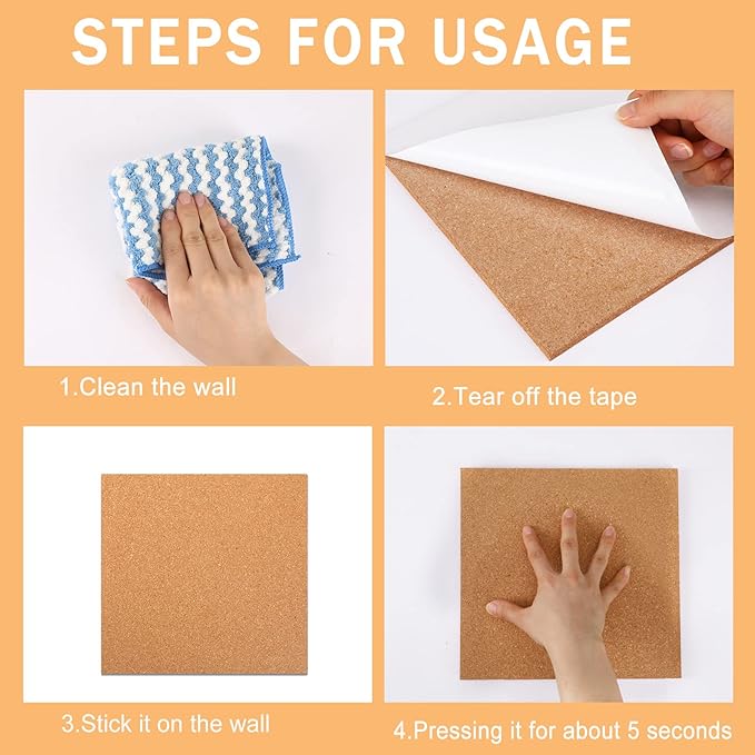 FEBSNOW Cork Board, 3 Pack Strong Self-Adhesive Cork Board Tiles Square 7.9 * 7.9inch Cork Boards for Walls Bulletin Board with 50 Multi-Color Push Pins