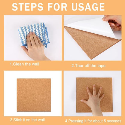 FEBSNOW Cork Board, 3 Pack Strong Self-Adhesive Cork Board Tiles Square 7.9 * 7.9inch Cork Boards for Walls Bulletin Board with 50 Multi-Color Push Pins