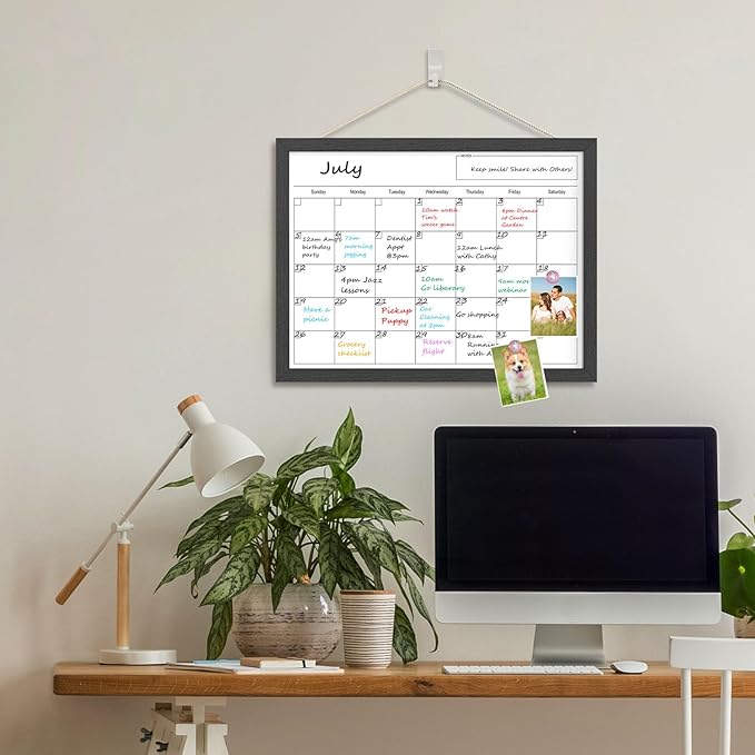 Dry Erase Calendar for Wall, 17x13 Inches Calendar Whiteboard for Wall, Small Magnetic White Board with Wood Frame, Hanging Dry Erase Board for Wall Planner Office Kitchen Home Memo