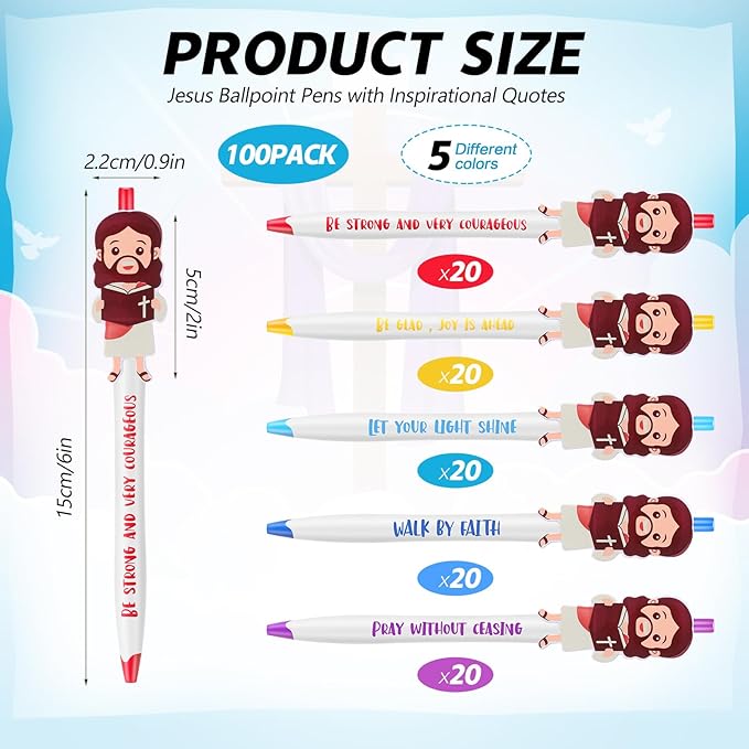 100 Pcs Christian Jesus Pens Bible Verse Pens for Kids Cute Jesus Ballpoint Pens with Inspirational Quotes Sunday Religious Pens for Classroom Prizes Church Christmas Easter Gift