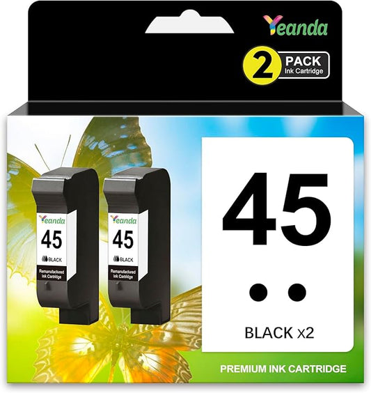 for HP 45 Ink Cartridge Black 51645A 51645 Ink Cartridge Black for Color Copier 180 PhotoSmart 1000 1115 1215 P1000xi Deskjet 820Cse 830 850 870 890 930 950 Printer (Black 2Pack)