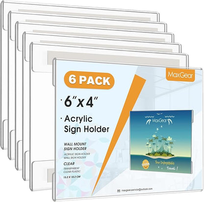MaxGear Acrylic Sign Holder 4x6, Clear Plastic Wall Mount Sign Holder with Double-Sided Tape, Acrylic Picture Frame Flyer Paper Document Holder Acrylic Wall Frame for Home, Office, Restaurant, 6 Pack