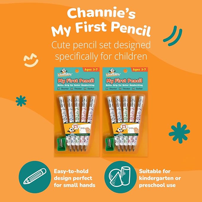 Channie's My First Pencil, Easy-to-Hold Jumbo Pencils for Preschoolers, Kindergarteners & 1st Graders, White Wooden 2B Fat Pencils for Kids Ages 3-7, 2 Pack (5 Each) + Sharpener