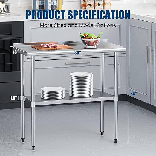 Stainless Steel Table 18 x 36 Inches Metal Prep Table with Backsplash & Adjustable Undershelf for Commercial Kitchen, Outdoor, Restaurant, Hotel & Garage