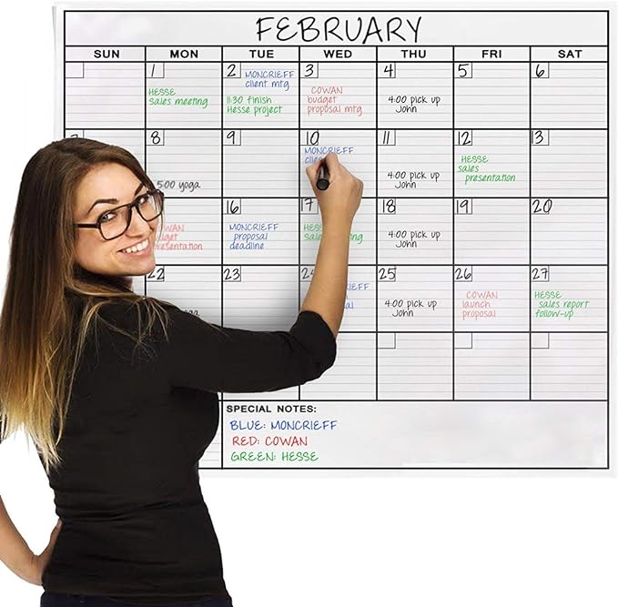 Dry Erase Laminated Jumbo Wall Calendar, Huge 24-inch by36-Inch Size, Monthly Planner for Home Office, Classroom, Large Date Boxes, Reusable Film, Never Folded, Includes 5 Markers, 8 Tacks. I Eraser