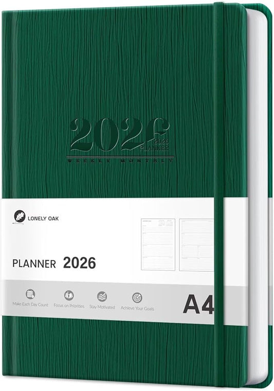 2026 Planner, Large Weekly and Monthly Planners, A4 Faux Leather Daily Calendar 2026 Planner, 12 Month Agenda from Jan. to Dec., Hardcover Habit Tracker Journal(Green)