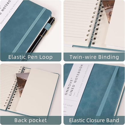Lined Spiral Notebook Journal for Women Men 160 Pages A5 College Ruled Hardcover Leather with Pen Holder Notebook Journals for Note Taking Work Sky Blue