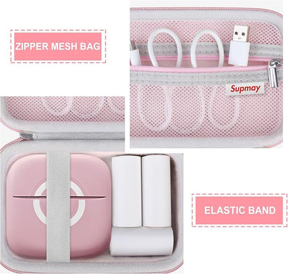 Hard Travel Case for Cabaro Mini Printer Sticker Thermal Printer, Bluetooth Portable Phone Printer Storage Holder Protection Case with Zipper Mesh Pocket fit Rolls Paper, Charging Cable, Pink